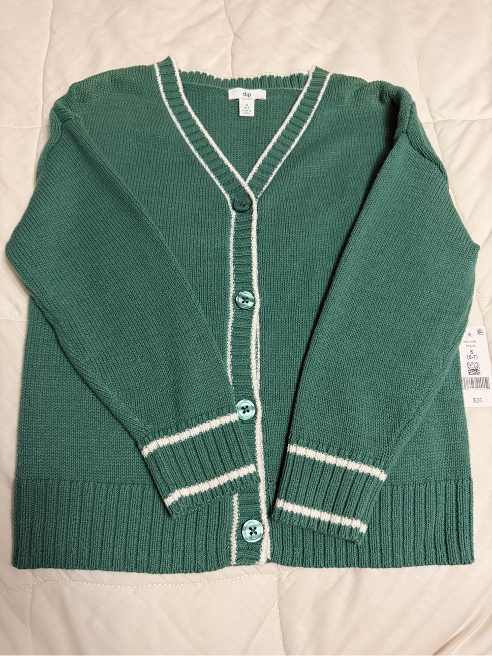 dip Green V-Neck Cardigan with White Trim